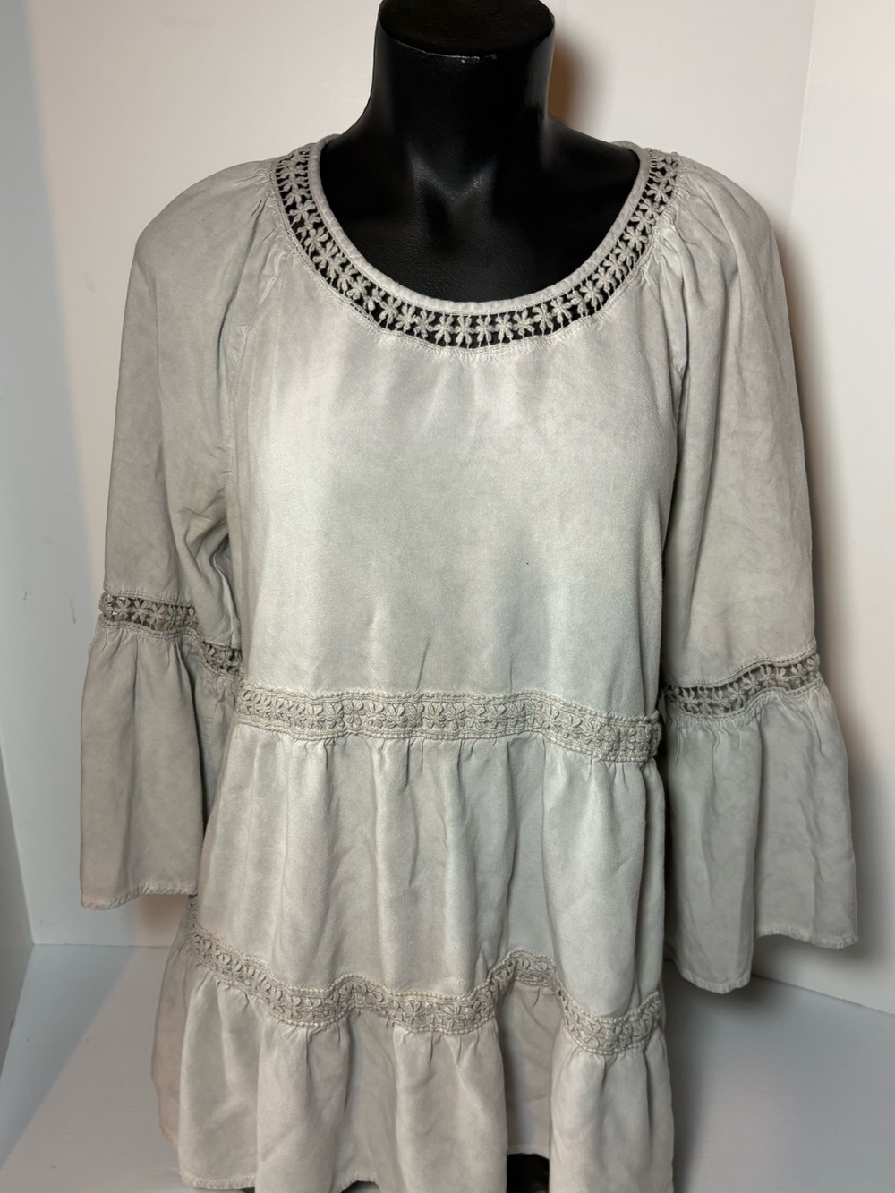 Women's Cream Crochet-Trim Peasant Top- 100% Viscose